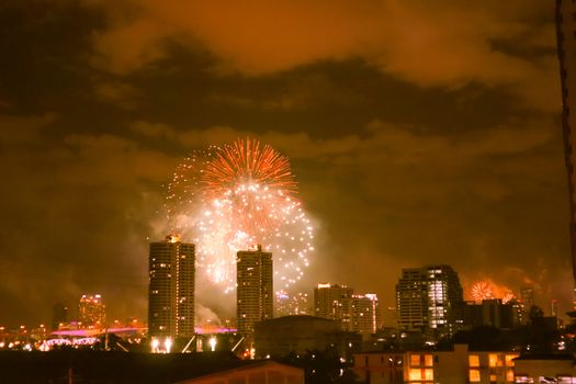 Gorgeous fireworks over Bangkok in Thailand celebrating New Years Eve.