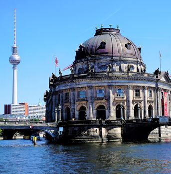 View on Berlin Fernsehturm and Bode museum from Spree river