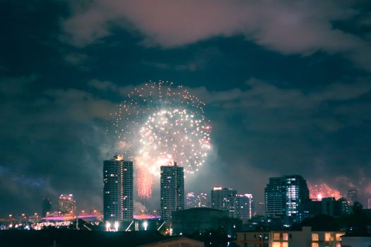 Gorgeous fireworks over Bangkok in Thailand celebrating New Years Eve.