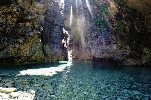 Sunlight over tropical Sava in Kranjska Gora, Slovenia