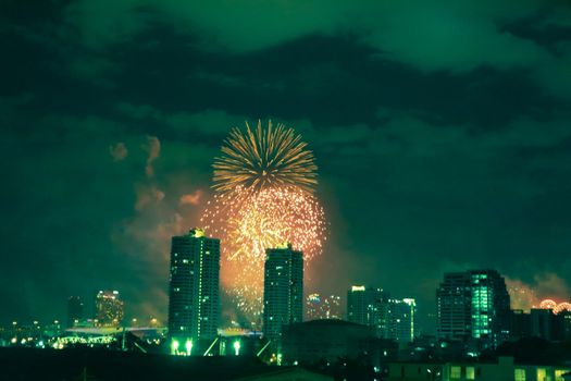 Gorgeous fireworks over Bangkok in Thailand celebrating New Years Eve.