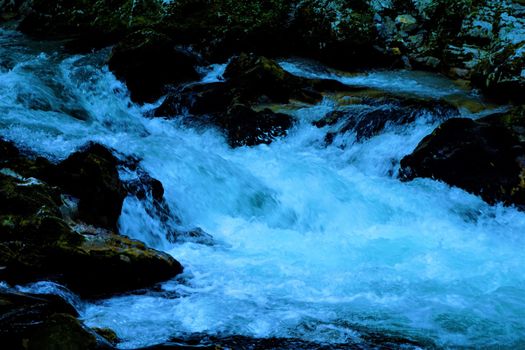 Radovna river rapids and dark rocks in the Vintgar Gorge, Slovenia