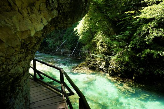 Turquoise Radovna river with wooden path, trees and rock in Slovenia