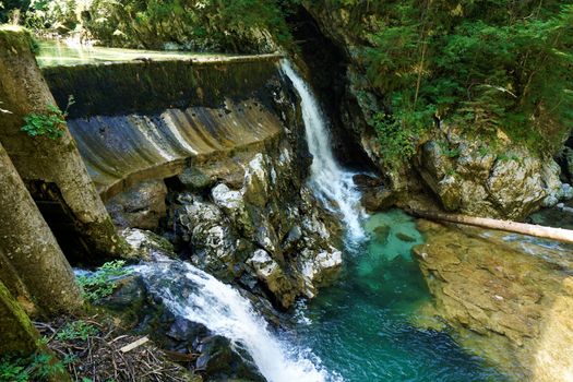 Vintgar Gorge waterfall - crystal clear water in Slovenia