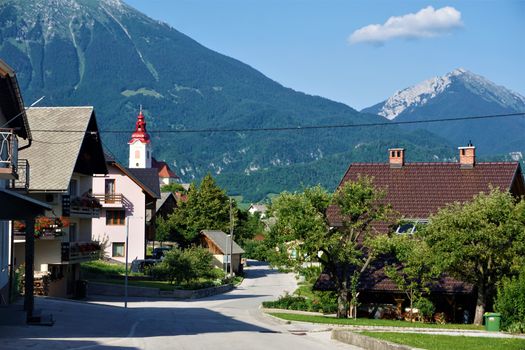 Downtown Zasip, Slovenia with breathtaking mountain panorama