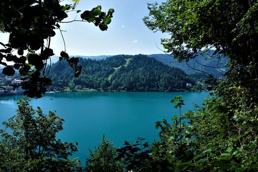 View over lake Bled and hills - travelling Slovenia