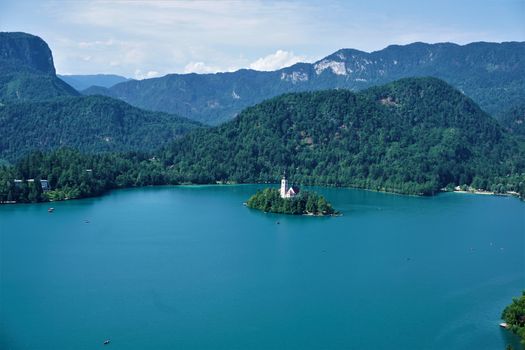 Lake Bled, Slovenia, island with church in front of hills