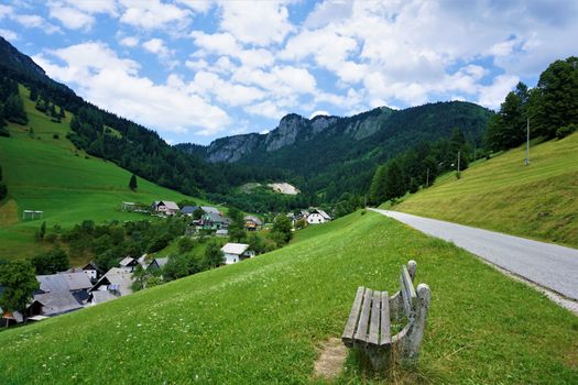 Bench on the road to Zgornja Sorica in Upper Carnolia, Slovenia