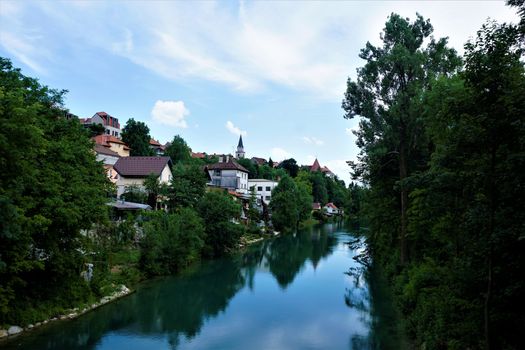 The Sava river and the city of Kranj, Slovenia