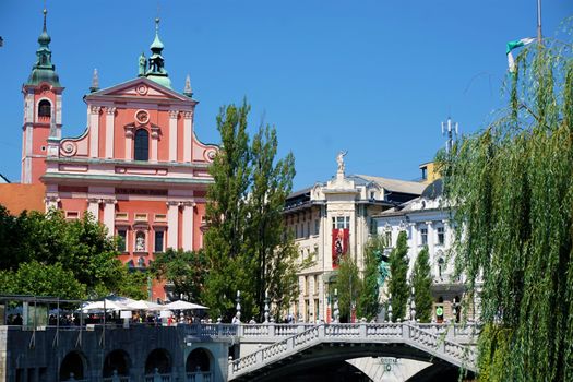 Franciscan church and trinity bridge Ljubljana, Slovenia