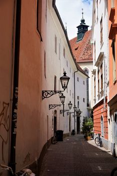 Narrow street in the old town of Bratislava, Slovakia