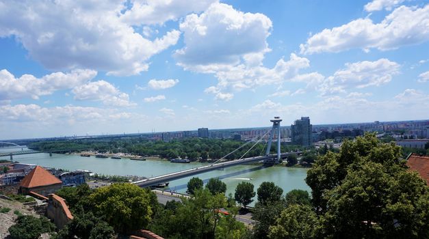 Slovakia - Panoramic view over Bratislava, Danube and new bridge