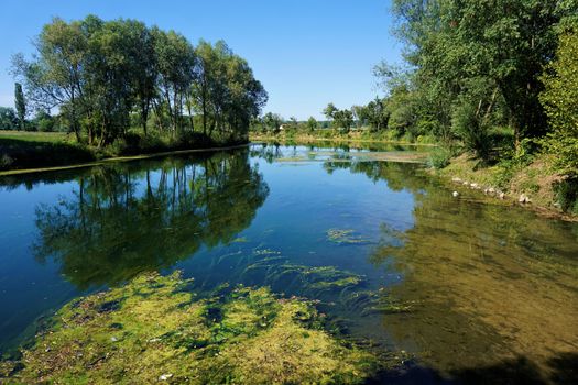 Calm Krka river in Kostanjevica na Krki, Slovenia