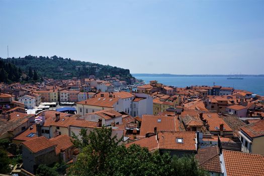 Panoramic view over city and hills of Piran, Slovenia