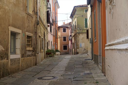 Tranquil street in the city center of Izola, Slovenia