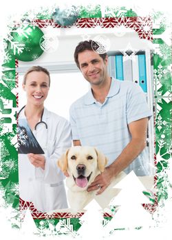 Pet owner and vet with Xray of dog against christmas themed frame