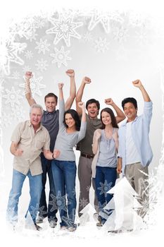 Cheering group of people against christmas frame