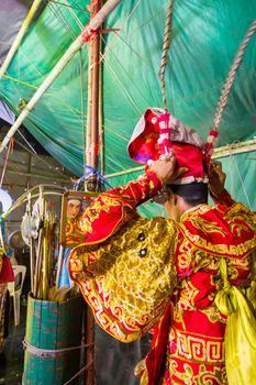 Asia / Thailand - August 28th 2019 : Chinese Opera Actress. Performers make up at backstage. 