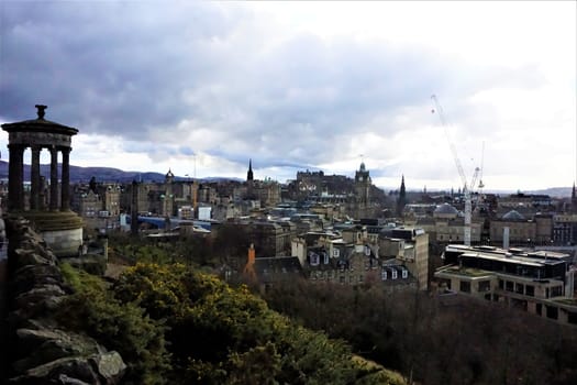 Beautiful view over Edinburgh, Scotland from Calton Hill with Dugald Stewart Monument