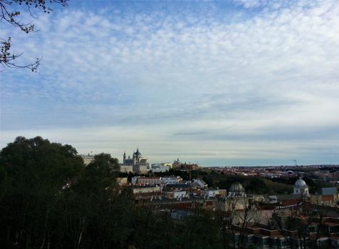 Madrid Panorama with Almudena cathedral on a hill