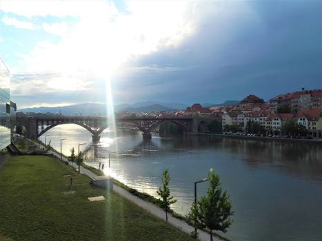 Old town of Maribor, Slovenia and Drava river with bridge