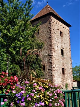 Picturesque tower of the old city wall of Wissembourg, France