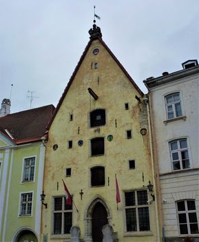 Front view of old Hanseatic house, home of the city theatre of Tallin, Estonia