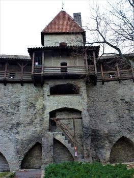 Tower with wooden handrail in the Danish King's Garden of Tallinn, Estonia