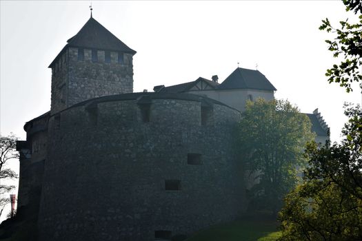 View on the castle of Vaduz, Liechtenstein on a foggy morning