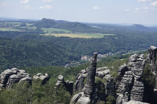 Schrammsteine rocks from the Schrammstein viewpoint in Saxon Switzerland, Germany