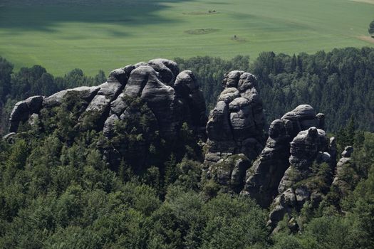 Interesting grey and white sandstone rock formation in the Schrammsteine region of Saxon Switzerland, Germany