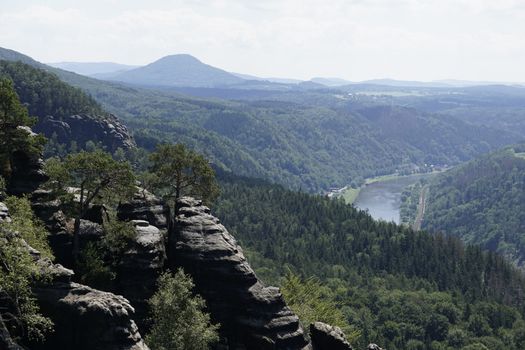 View over the Elbe river and parts of Saxon and Bohemian Switzerland from viewpoint
