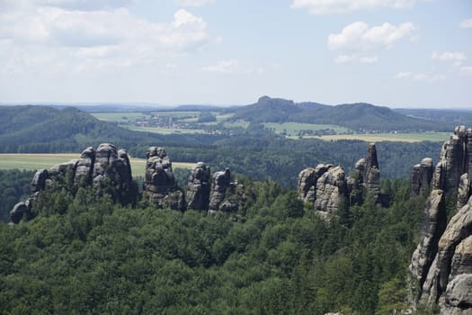 View over the Schrammsteine area and the landscape of Saxon Switzerland, Germany