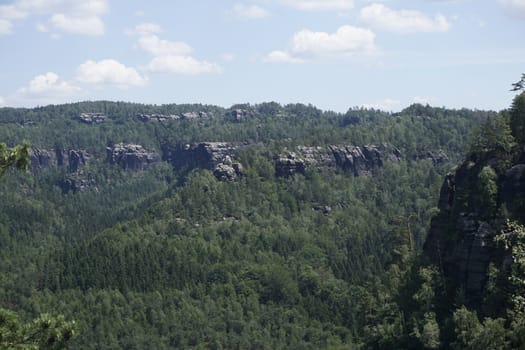 Beautiful forest and rock panorama from the Schrammsteine mountains in Saxon Switzerland