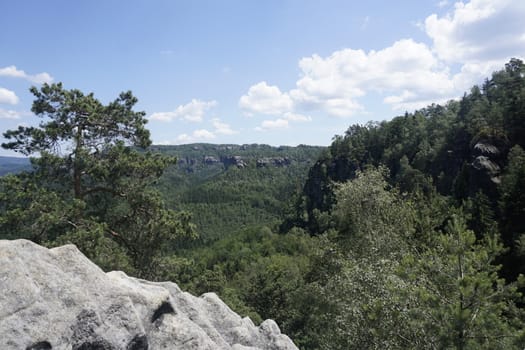 Panorama from the Schrammsteine massif over green forest to sandstone rocks