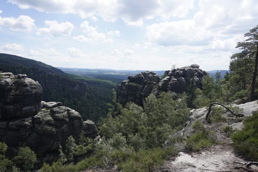 Impressive sandstone rocks on top of the Ruaschengrund, Saxon Switzerland, Germany