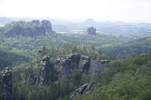 View to the Schrammsteine mountains from Carolafelsen, Saxon Switzerland, Germany