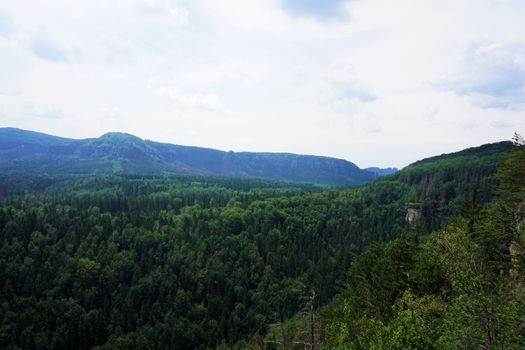 Panoramic view from the Kanzel to the Affensteine and Schrammsteine mountains in Saxon Switzerland