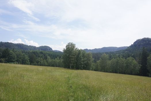 Beautiful view over meadow to the Teichstein and Lorenzstein mountains, Saxon Switzerland