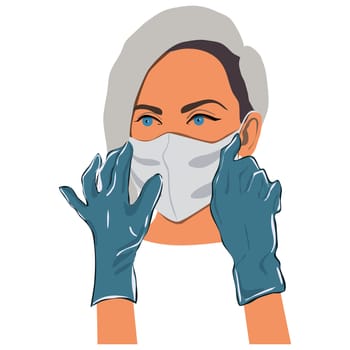 Female wearing protective medical mask with gloves. Medical hygiene mask. Virus protection. Vector illustration isolated on white background.