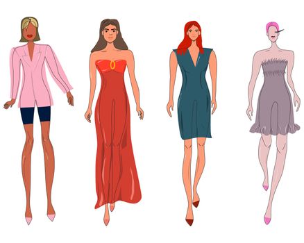 Group of females street style characters collection. Girls models set. Happy people flat style vector illustration.