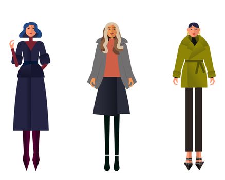 Group of females street style characters collection wearing autumn coats different length. Happy people flat style vector illustration.