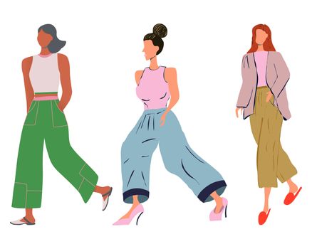 Group of females street style characters collection wearing wide trousers, culottes different length. Happy people flat style vector illustration.