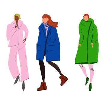 Group of females street style characters collection. Girl in pink suite, blue coat and green coat set. Happy people flat style vector illustration.