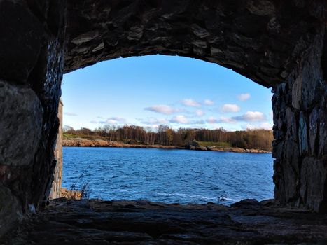 View on forest from loophole on the island of Suomenlinna, Finland