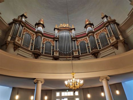 Organ and chandelier in the cathedral of Helsinki, Finland