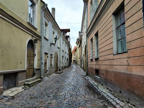 Colourful houses in narrow street of old town Tallinn, Estonia