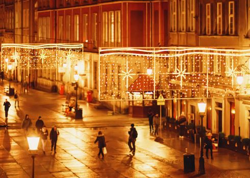 Street in the Old Town in Gdansk, Poland at night, architecture and travel