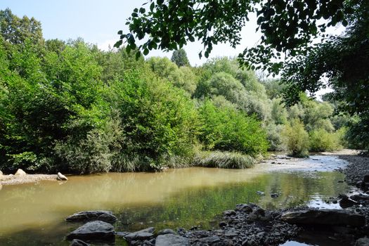A shallow mountain river, the bottom of a mountain river of stones and gravel.