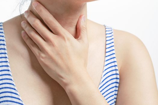 Sore throat pain women. Woman hand touching neck with sore throat feeling bad. Healthcare and medicine concept